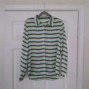 Equipment 100% Silk Button Down Blouse, Green With Navy & Yellow Stripes…